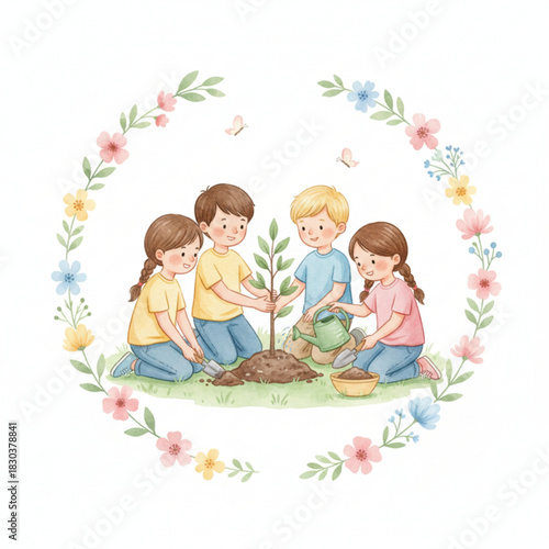 A cute illustration of children working together to plant a young tree, showing teamwork and care for nature