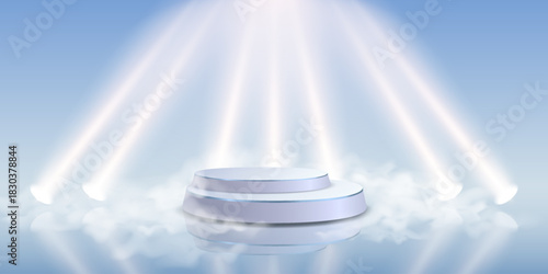 White illuminated stage podium with bright spotlights and soft fog on blue background.