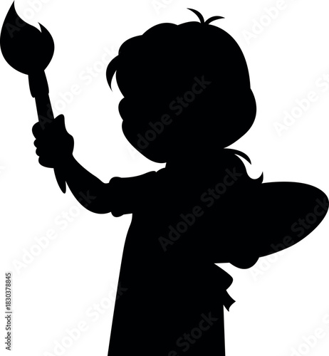 Silhouette of a girl with a paint brush isolated on a white background