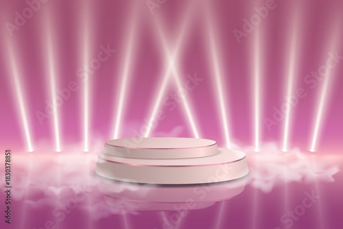Pink podium with glowing spotlights.
