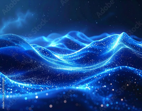 Abstract digital waves glow with particle effects in a blue space