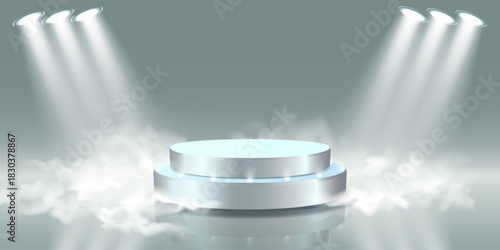 White glowing stage podium with bright spotlights and floating fog on soft gray background.