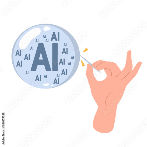 Cartoon vector illustration of a hand bursting a bubble containing the text AI concept for artificial intelligence bubble. Clip art for technology and industry risks