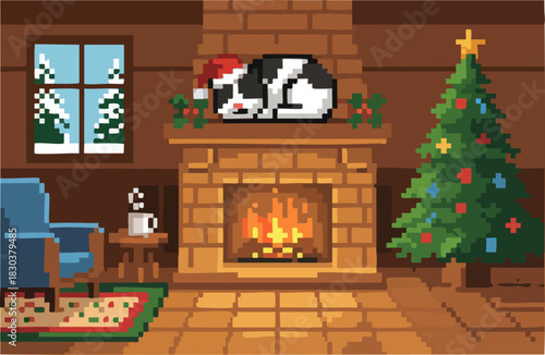 Cozy pixel art Christmas interior with sleeping puppy and fireplace