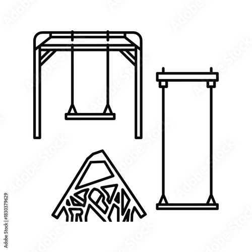 Line art set featuring playground swing, promotional banner stand, and abstract geometric broken triangle design