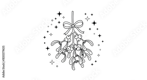 Christmas mistletoe illustration with a bow and sparkling stars, perfect for holiday greetings and seasonal decorations.
