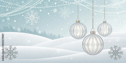 Christmas winter scene with hanging ornaments and snow covered hills with snowflakes falling down