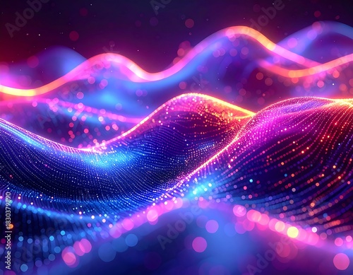 Abstract digital waves glow with vibrant purples, blues, and oranges