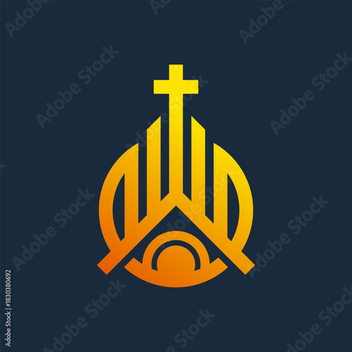 Stylized church logo icon with a golden Christian cross on a dark background, symbolizing faith, community, and worship
