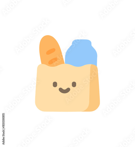 Flat Style Groceries in Paper Bag with Smile Face Icon