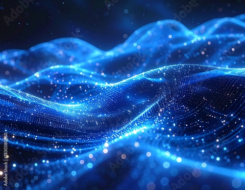 Abstract digital waves made of glowing blue particles