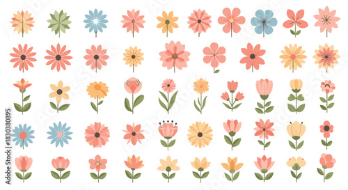 A charming collection of flat design flowers in pastel shades, perfect for spring, summer, and nature-inspired graphic elements.
