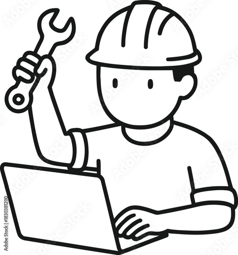 Cartoon engineer with laptop and wrench ready to fix problems