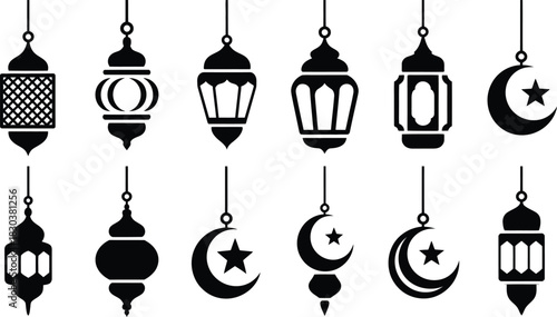 Elegant collection of ramadan lanterns and crescent moons a set of decorative islamic elements for festive celebrations and cultural designs in black and white