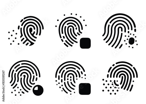 Collection of Distorted and Imperfect Fingerprint Biometric Identification Icons in Black