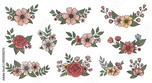 Set of beautifully hand-drawn rustic floral bouquets and arrangements featuring roses, daisies, and delicate leaves in a charming style.