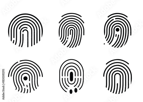 Collection of Six Fingerprint Icon Set with Different Patterns and Details