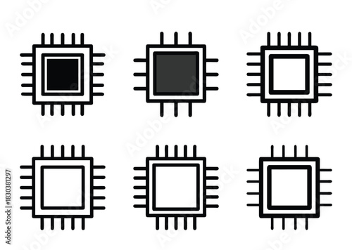 Collection of six stylized microprocessor or microchip icons in a symmetrical arrangement