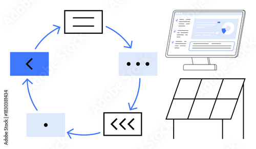 Circular workflow diagram with arrows, monitor displaying analytics, and a solar panel. Ideal for energy, sustainability, project management, data analysis, innovation, efficiency and technology