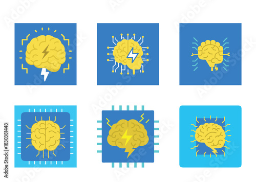 Flat Vector Illustrations of Artificial Intelligence Concept with Brain and Lightning