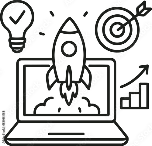 Startup launch from laptop with idea target and growth outline