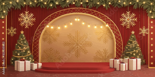 Christmas a christmas scene featuring christmas trees, gifts, snowflakes and decorative lights