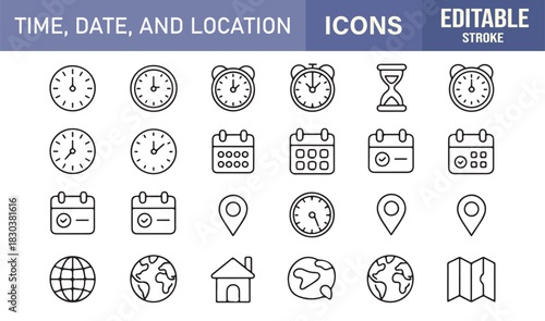 Modern Outline Icon Pack Showing Timepieces, Event Calendars, Map Pins, GPS Markers, Locations, and Scheduling Elements