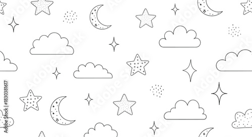Sweet black and white seamless pattern featuring outlined clouds, dotted stars, and crescent moons in a playful, dreamy hand-drawn style.