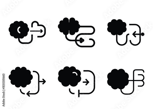 Stylized diagrams showing conceptual flow and direction with a cloudlike object