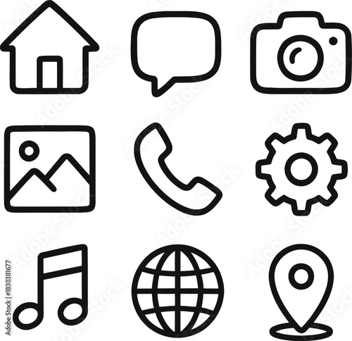 Set of nine simple black and white line art icons