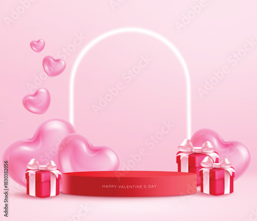 Valentine's day podium clipart template design. Valentine's day red podium stage for product sale presentation clip art with pink heart and gift box elements holiday celebration banner template vector