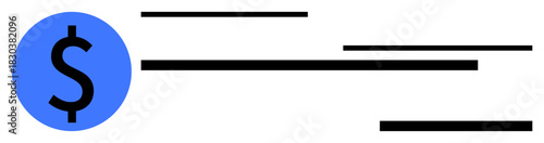 Blue dollar sign icon with black horizontal lines conveying movement, speed, or transaction flow. Ideal for finance, payment, business, economy, investment, e-commerce simple flat metaphor