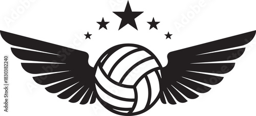 Dynamic volleyball emblem with majestic wings and triumphant stars, perfect for sports branding, team logos, and championship event promotions