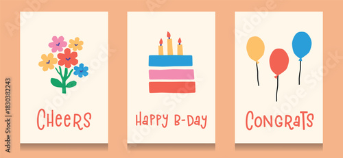 Retro style cartoon vector set with greeting cards for birthdays and celebrations, naive doodles and texts, flower bouquet illustration collection, cake, balloons on beige background, festive mood