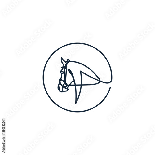 Minimalist continuous line art of a horse head silhouette with bridle. A simple and elegant equestrian logo design icon isolated on a white background