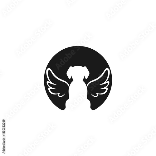 Minimalist black and white icon of a dog with angel wings in a circle. A symbol for a pet angel, animal memorial, or veterinary clinic logo