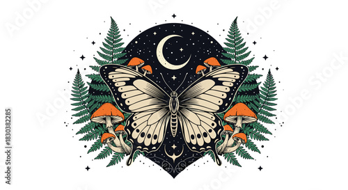 Mystical butterfly surrounded by ferns and mushrooms under a crescent moon and starry night sky in a whimsical illustration.