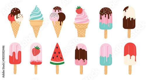 A delightful collection of colorful ice cream cones, soft-serve, and popsicles in various flavors, perfect for summer treats.