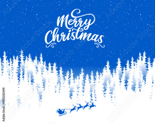 Vibrant blue and white vector illustration featuring Santa Claus flying in his sleigh over a snow-covered pine forest with elegant "Merry Christmas" typography.