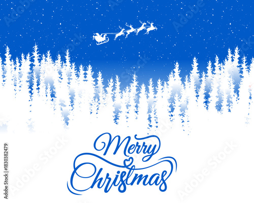 Vibrant blue and white vector illustration featuring Santa Claus flying in his sleigh over a snow-covered pine forest with elegant "Merry Christmas" typography.