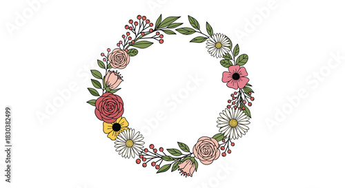 A delightful hand-drawn illustration of a vibrant floral wreath, featuring an assortment of colorful flowers, leaves, and berries, on white.