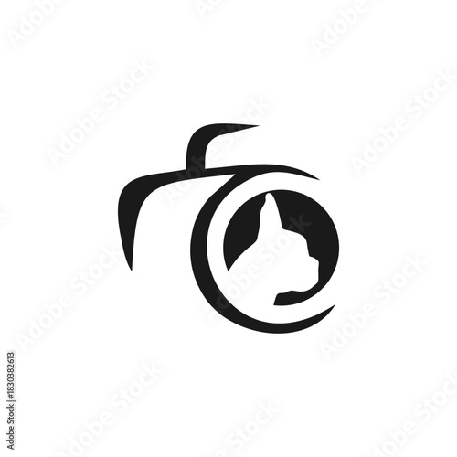 Minimalist logo concept for a pet photographer featuring a dog silhouette cleverly integrated into a stylized camera lens icon