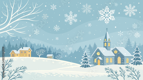 Christmas a winter scene with a church and houses covered in snow and snowflakes falling down gently