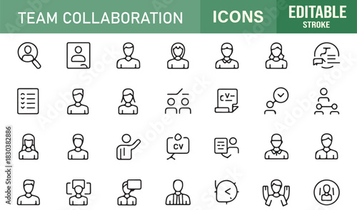 Clean Team Collaboration Symbol Collection Featuring Business Meetings, Group Interaction, Planning, Feedback, and Workplace Unity Icons