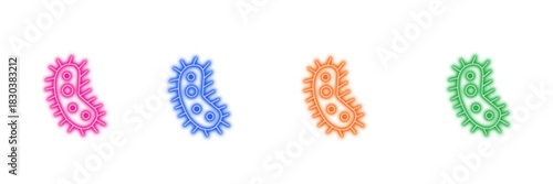 Neon glowing microorganism vector icons set, germ, virus, bacteria, cell, disease, biology, science, medical, vibrant colorful digital design illustration on transparent background.

