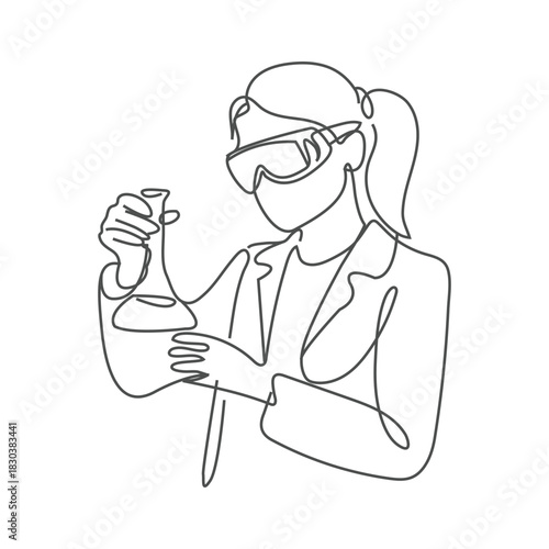 Woman chemist, vector scene. Girl coat glasses gloves holding test tubes flasks mixing reagents liquids experiment reaction laboratory employee scientist character. Science day concept. 