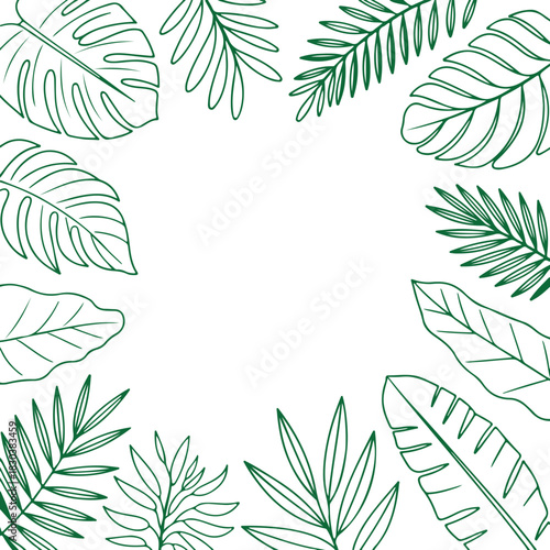Tropical leaves green line art frame border for your design