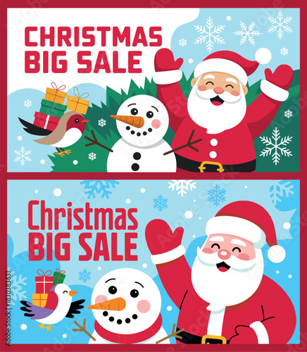 Christmas Sale Banner with Santa, Gifts, and Trees