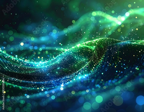 Wallpaper Mural Abstract, glowing, wavy lines composed of green and blue particles Torontodigital.ca