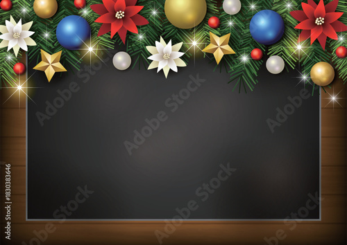 クリスマス背景、黒板、玉飾り、キラキラ、かわいい、イラスト、横